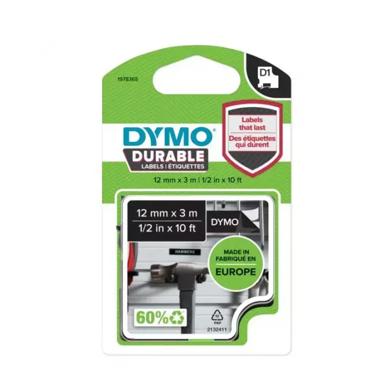 Etiquetas DYMO Authentic D1 Durable | impressão branca em fita preta | 12 mm x 3 m | fita de identificação para impressoras de etiquetas LabelManager