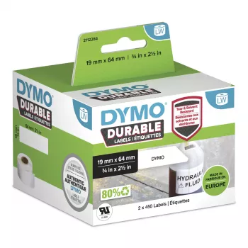Etiquetas industriais DYMO LabelWriter Durable | 19 mm x 64 mm | poli branco | 2 rolos de 450 (900 etiquetas autoadesivas) | originais | para impressoras de etiquetas LabelWriter