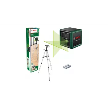 Nível laser Bosch Quigo verde com tripé 1,1 m — conjunto compacto de laser de linhas cruzadas