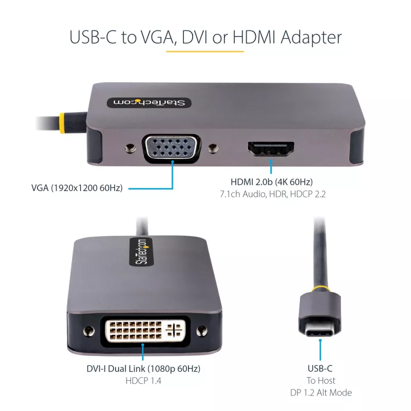 Adaptador de vídeo USB-C StarTech.com, adaptador USB-C para HDMI DVI VGA, até 4K 60Hz, alumínio, adaptador de vídeo multiporta, compatível com Thunderbolt 3/4, adaptador de viagem USB Type-C
