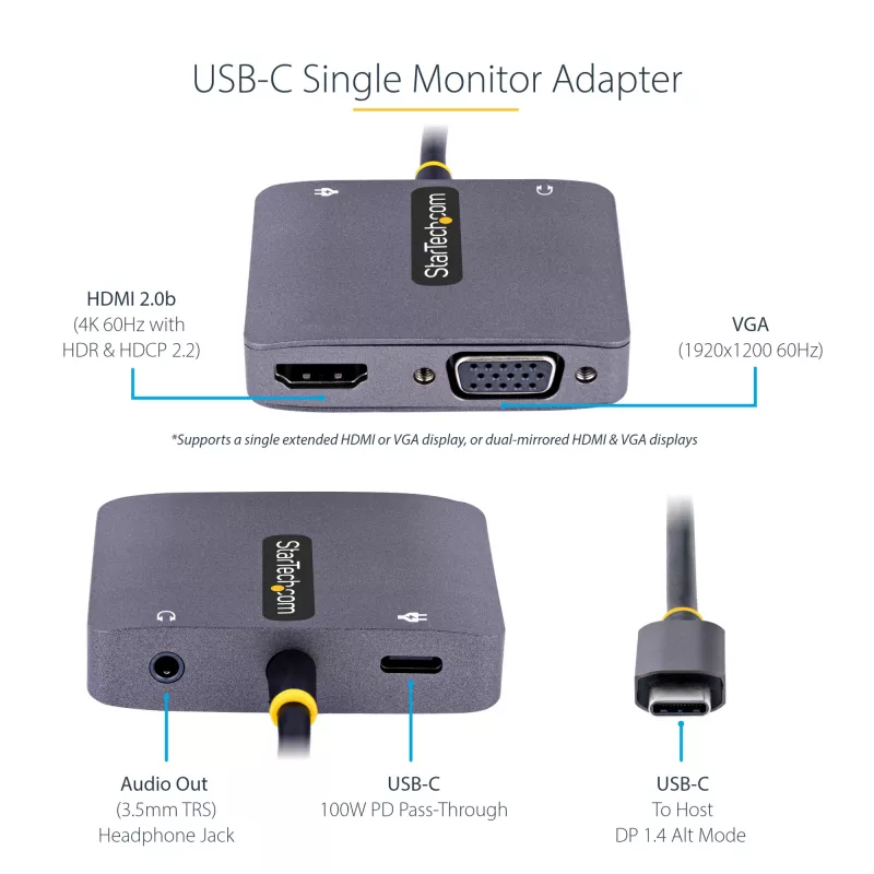 Adaptador de vídeo USB-C StarTech.com, adaptador multiporta USB-C para HDMI VGA, áudio de 3,5 mm, 4K 60Hz HDR, 100W PD Pass-Through, compatível com Thunderbolt 3/4 – adaptador de viagem USB-C Display