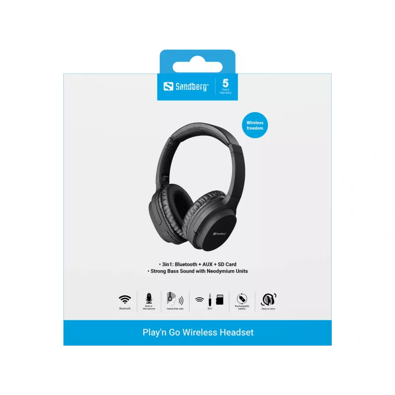 Sandberg 126-37 Play'n Go auscultadores Bluetooth com microfone, dobráveis, com fio e sem fios, 3,5 mm, 20 Hz - 20 kHz, 230 g, pretos
