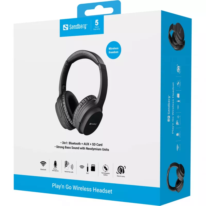 Sandberg 126-37 Play'n Go auscultadores Bluetooth com microfone, dobráveis, com fio e sem fios, 3,5 mm, 20 Hz - 20 kHz, 230 g, pretos