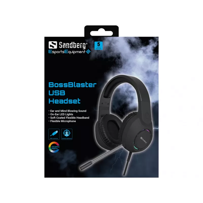 Headset SANDBERG BossBlaster USB — headset gaming com fios, 20–20000 Hz, cabo de 2 m, 240 g, preto