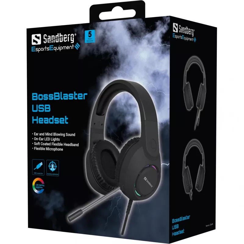 Headset SANDBERG BossBlaster USB — headset gaming com fios, 20–20000 Hz, cabo de 2 m, 240 g, preto