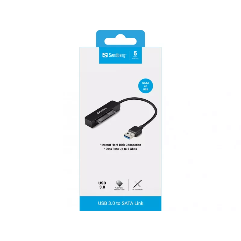 Ligação Sandberg USB 3.0 para SATA, preto, 5 Gbit/s, 20 g, 77 mm, 18 mm, 193 mm