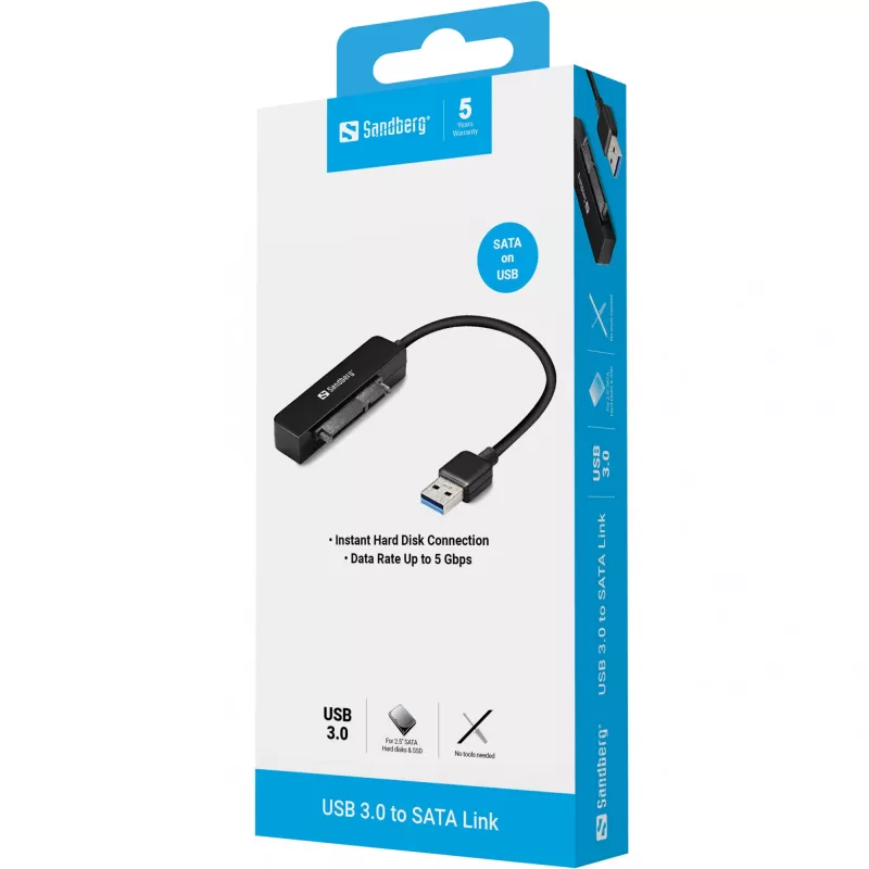 Ligação Sandberg USB 3.0 para SATA, preto, 5 Gbit/s, 20 g, 77 mm, 18 mm, 193 mm