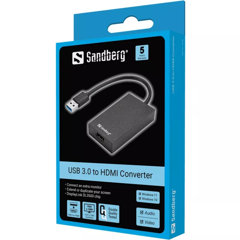 Conversor Sandberg USB 3.0 para HDMI preto conversor de vídeo passivo