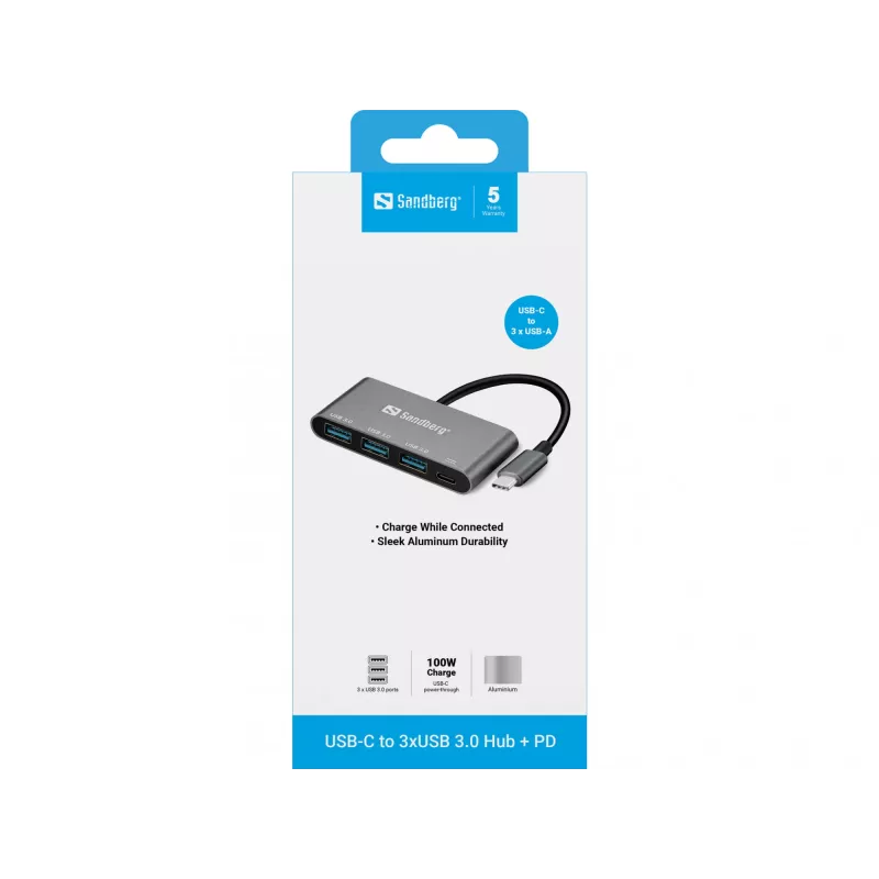 Hub Sandberg USB-C para 3xUSB 3.0 + PD 136-03