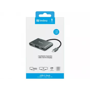 Dock USB-C Sandberg 2xHDMI+1xVGA+USB+PD