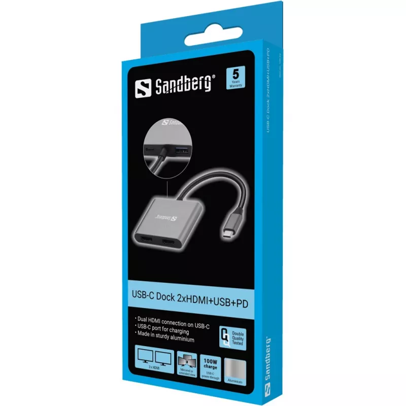 Dock USB-C Sandberg 2xHDMI+USB+PD resolução máxima 3840x2160