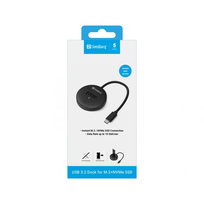 Dock Sandberg USB 3.2 para M.2+NVMe SSD 4 TB preto