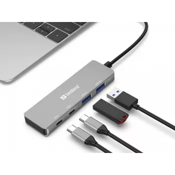 Hub Sandberg USB-C para 2xUSB-A + 2xUSB-C cinzento alumínio