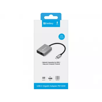 Adaptador Sandberg USB-C Gigabit PD100W USB Type-C RJ-45 1 Gbit/s cinzento
