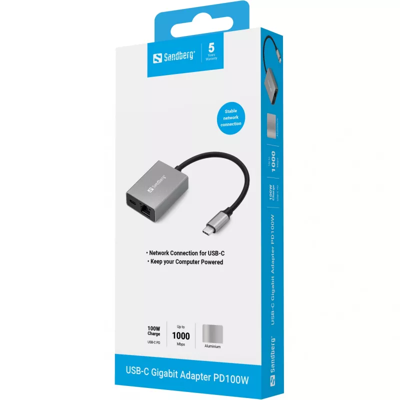Adaptador Sandberg USB-C Gigabit PD100W USB Type-C RJ-45 1 Gbit/s cinzento