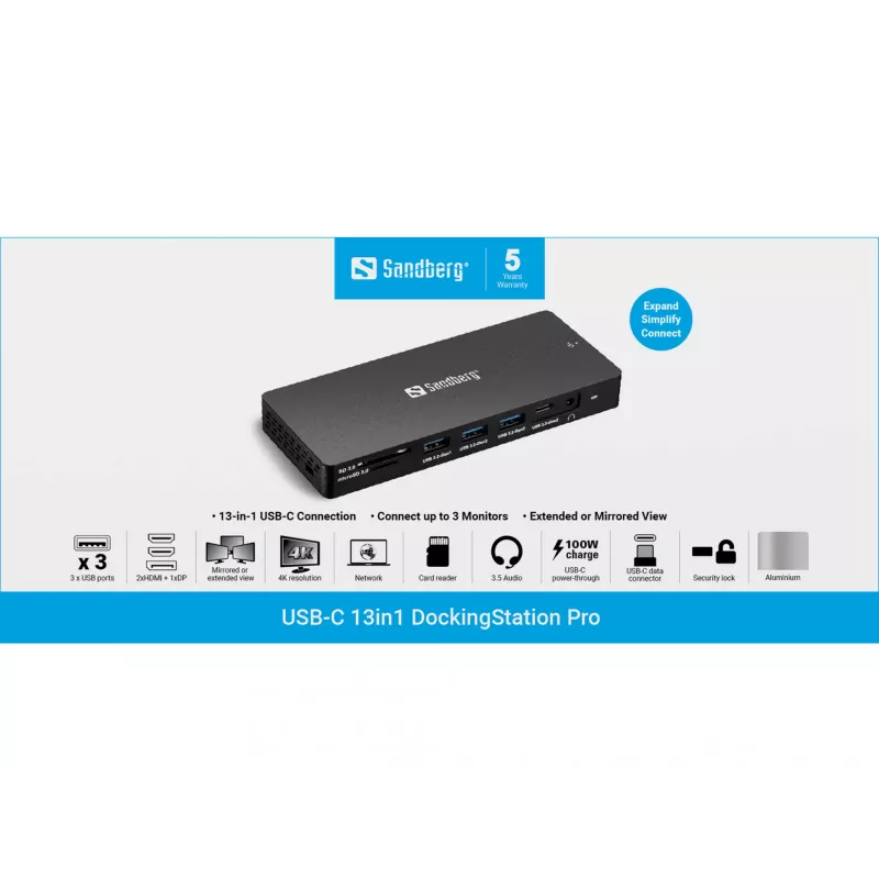 Docking station Sandberg USB-C 13in1 Pro com fios USB 3.2 Gen 1 Type-C
