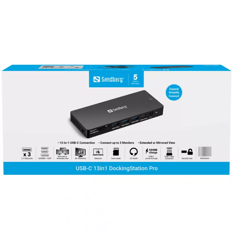Docking station Sandberg USB-C 13in1 Pro com fios USB 3.2 Gen 1 Type-C