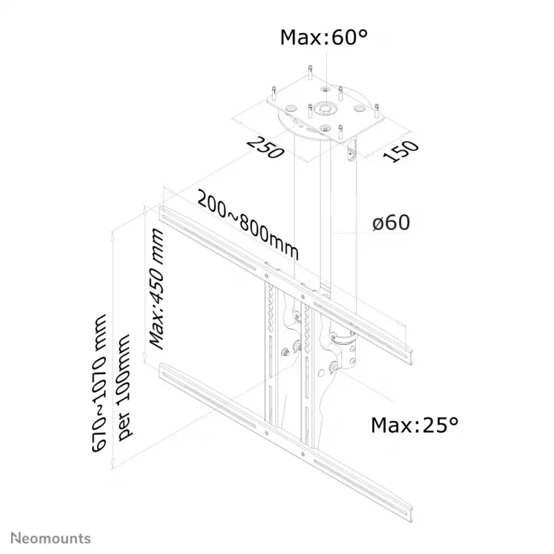 Neomounts PLASMA-C100 suporte de teto para TV, 37–75 polegadas, totalmente articulado, altura ajustável, inclinável, prateado