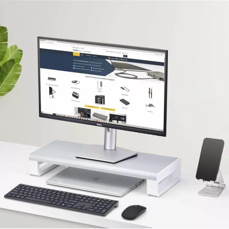 Suporte ergonómico para monitor StarTech.com, até 15 kg, altura fixa 9 cm, suporte para monitor/portátil de secretária, plataforma em aço, montagem rápida, otimizar a superfície da secretária