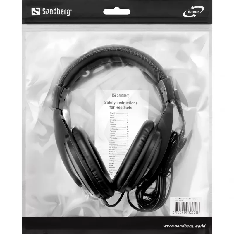 Auscultadores Sandberg Saver MiniJack Headphone Large, com fios, chamadas/música, 20 - 20000 Hz, 270 g, auscultadores, preto