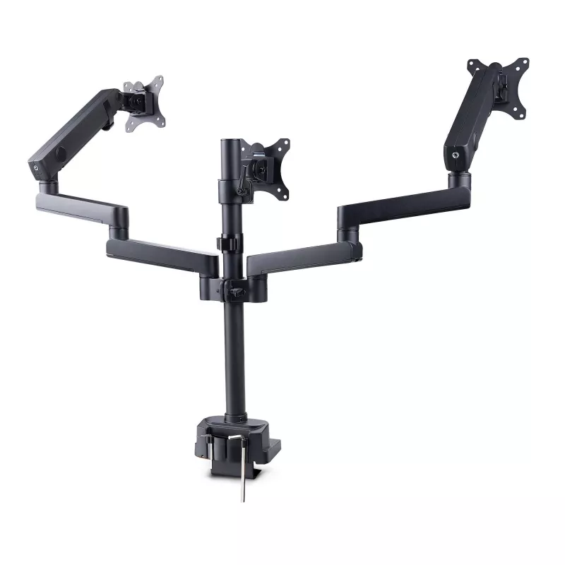 StarTech.com Suporte de secretária para três monitores até três ecrãs de 27 polegadas, VESA 75x75/100x100, ajuste dos braços sem ferramentas, montagem por grampo C/passagem de cabos, braços com apoio de mola