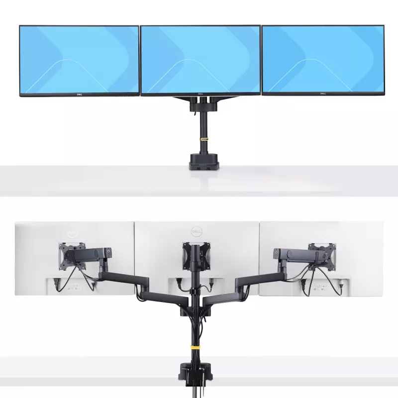 StarTech.com Suporte de secretária para três monitores até três ecrãs de 27 polegadas, VESA 75x75/100x100, ajuste dos braços sem ferramentas, montagem por grampo C/passagem de cabos, braços com apoio de mola