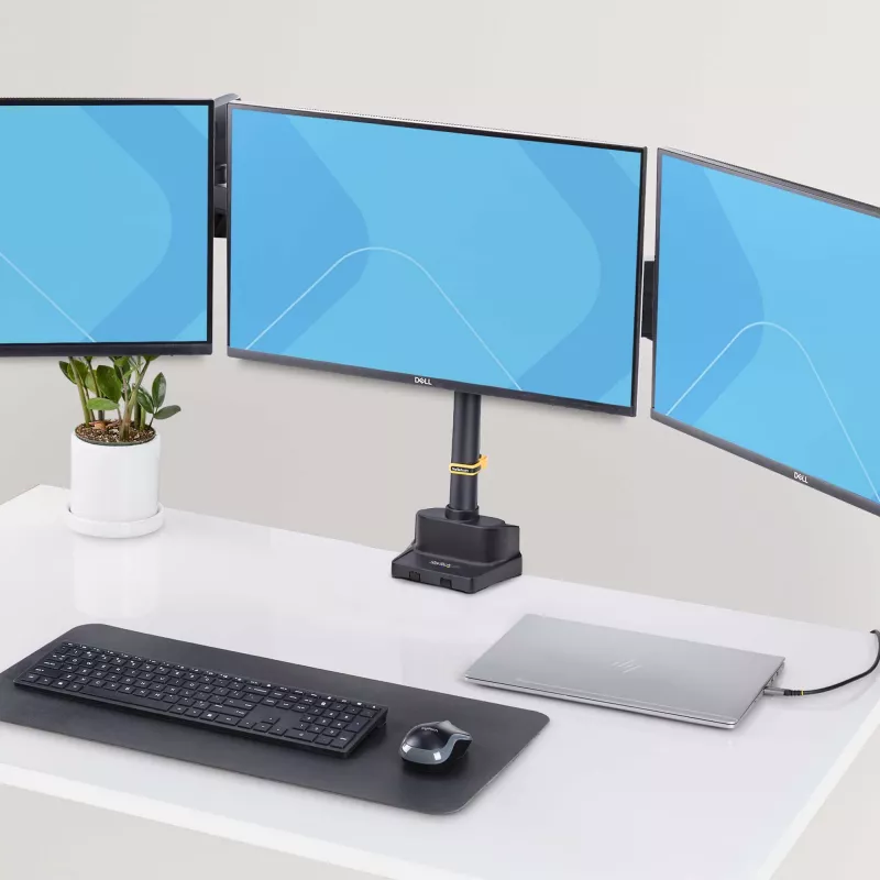 StarTech.com Suporte de secretária para três monitores até três ecrãs de 27 polegadas, VESA 75x75/100x100, ajuste dos braços sem ferramentas, montagem por grampo C/passagem de cabos, braços com apoio de mola
