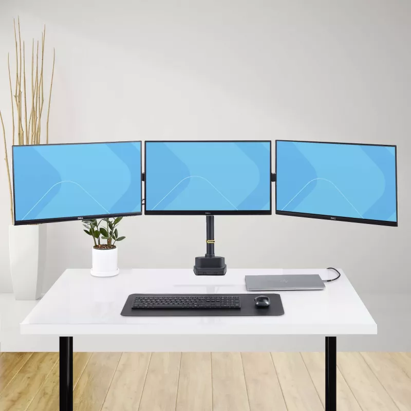 StarTech.com Suporte de secretária para três monitores até três ecrãs de 27 polegadas, VESA 75x75/100x100, ajuste dos braços sem ferramentas, montagem por grampo C/passagem de cabos, braços com apoio de mola