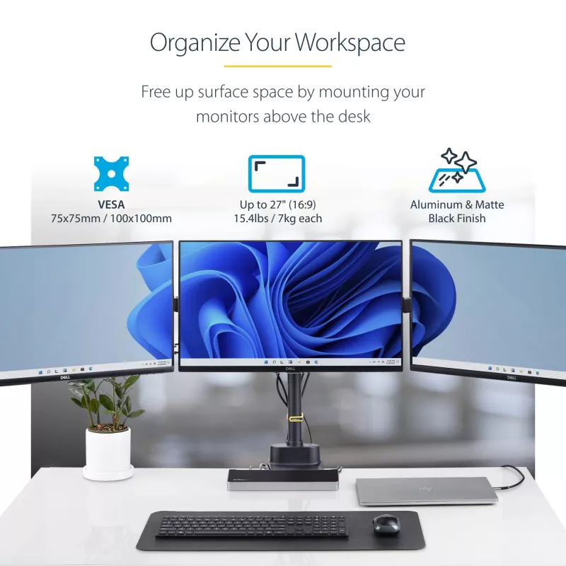 StarTech.com Suporte de secretária para três monitores até três ecrãs de 27 polegadas, VESA 75x75/100x100, ajuste dos braços sem ferramentas, montagem por grampo C/passagem de cabos, braços com apoio de mola