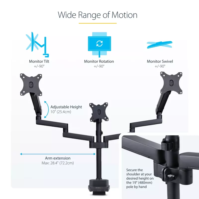 StarTech.com Suporte de secretária para três monitores até três ecrãs de 27 polegadas, VESA 75x75/100x100, ajuste dos braços sem ferramentas, montagem por grampo C/passagem de cabos, braços com apoio de mola
