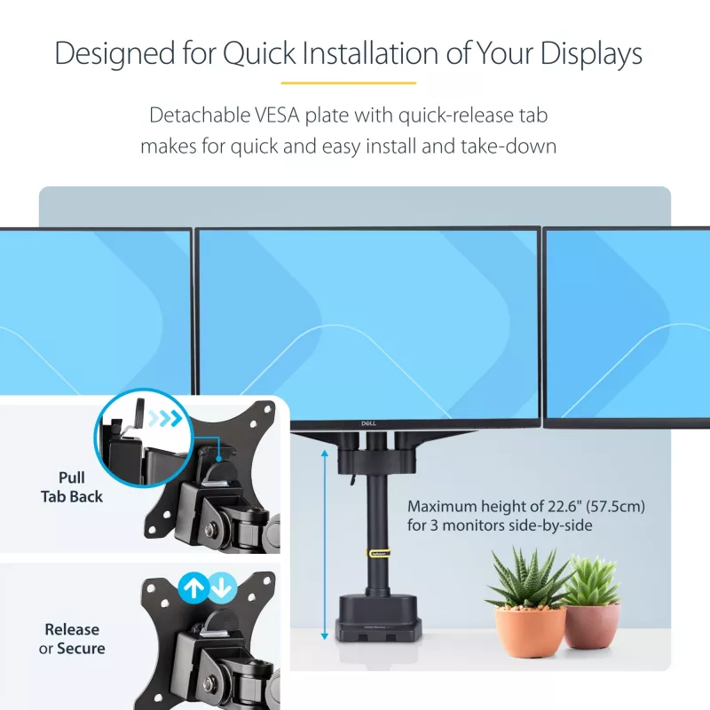 StarTech.com Suporte de secretária para três monitores até três ecrãs de 27 polegadas, VESA 75x75/100x100, ajuste dos braços sem ferramentas, montagem por grampo C/passagem de cabos, braços com apoio de mola