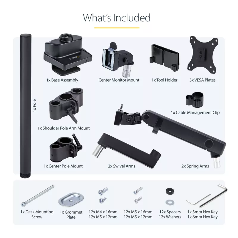 StarTech.com Suporte de secretária para três monitores até três ecrãs de 27 polegadas, VESA 75x75/100x100, ajuste dos braços sem ferramentas, montagem por grampo C/passagem de cabos, braços com apoio de mola