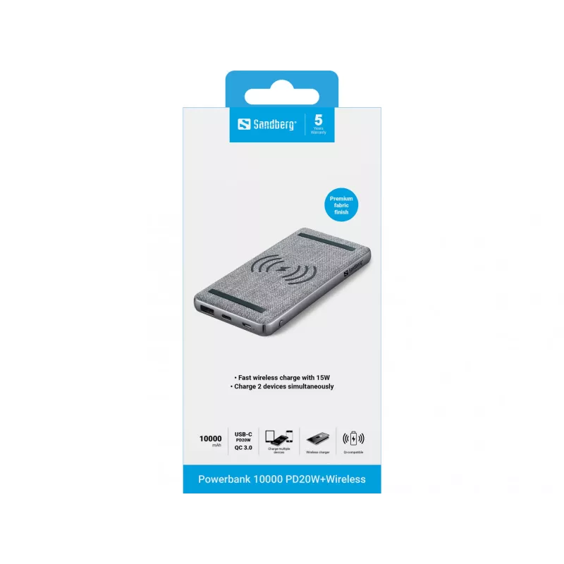 Powerbank portátil Sandberg Powerbank 10000 PD20W+Wireless, 10000 mAh