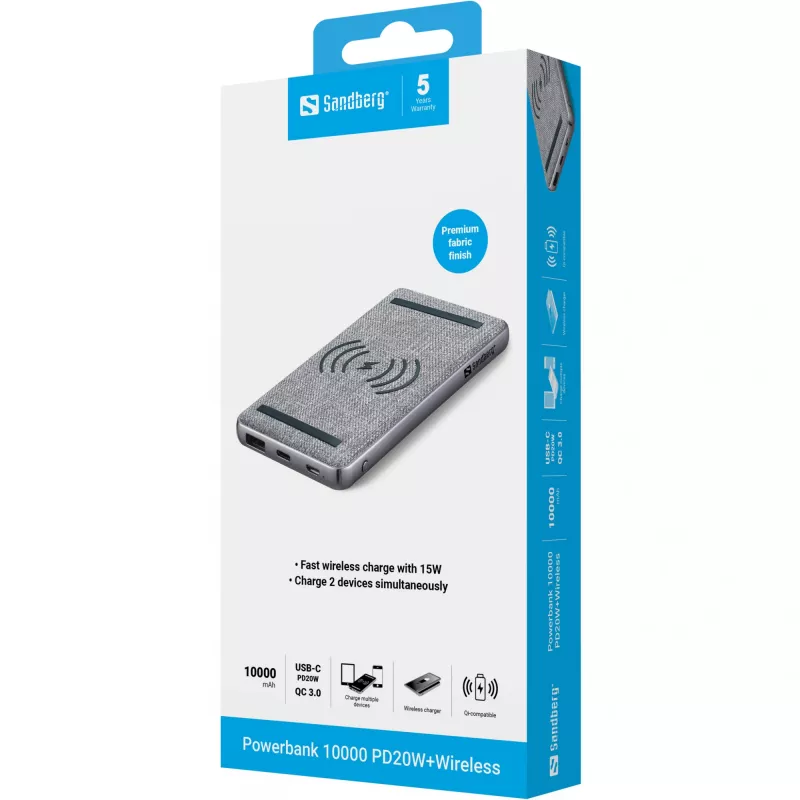 Powerbank portátil Sandberg Powerbank 10000 PD20W+Wireless, 10000 mAh