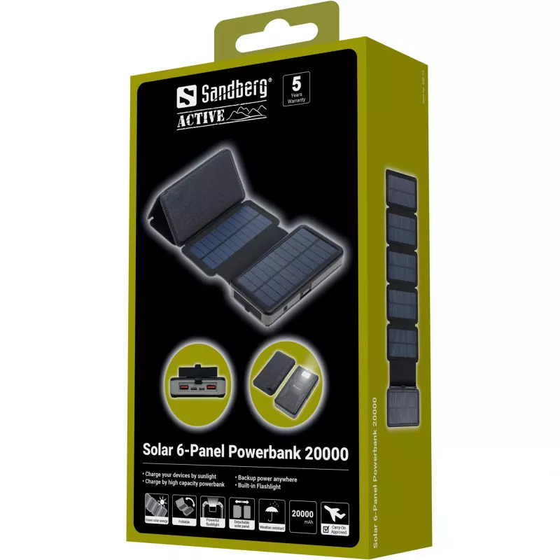 Powerbank Sandberg Solar 6-Panel 20000mAh polímero de lítio preto