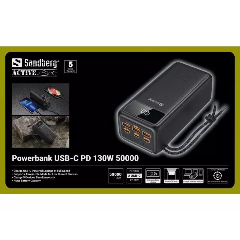 Powerbank portátil Sandberg USB-C PD 130W 50000mAh
