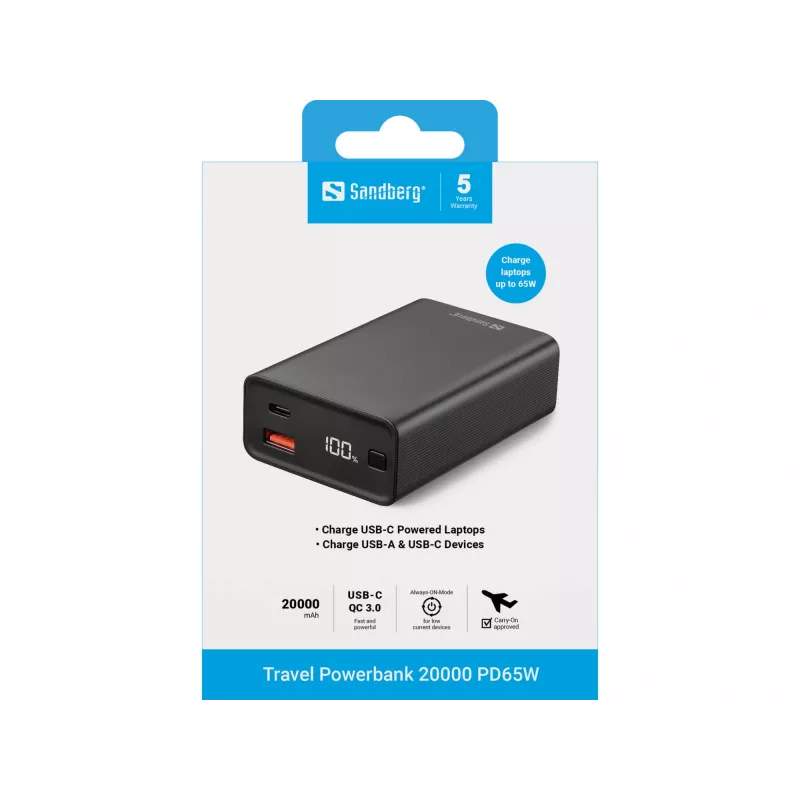 Powerbank portátil Sandberg Travel Powerbank 20000 PD65W, 20000 mAh