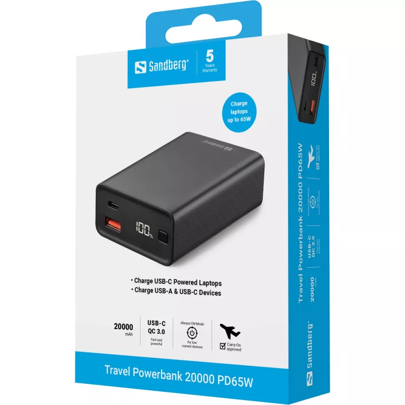 Powerbank portátil Sandberg Travel Powerbank 20000 PD65W, 20000 mAh