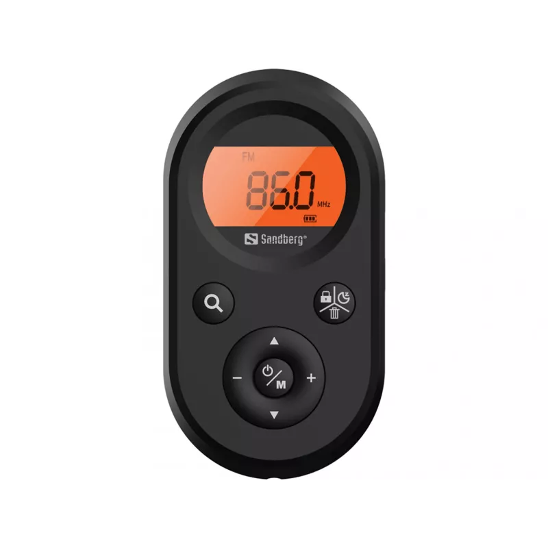 Sandberg 421-02 rádio de bolso FM+AM Recharge, FM 76–108 MHz, AM 522–1710 kHz, bateria de 500 mAh, ecrã, com auriculares