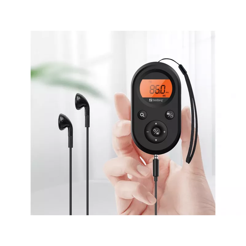 Sandberg 421-02 rádio de bolso FM+AM Recharge, FM 76–108 MHz, AM 522–1710 kHz, bateria de 500 mAh, ecrã, com auriculares