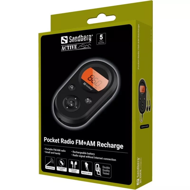 Sandberg 421-02 rádio de bolso FM+AM Recharge, FM 76–108 MHz, AM 522–1710 kHz, bateria de 500 mAh, ecrã, com auriculares