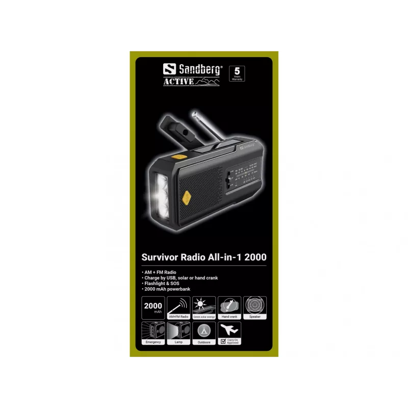 Sandberg Survivor Radio All-in-1 2000, portátil, AM, FM, 87–180 MHz, 520–1710 kHz, 3 W, analógico