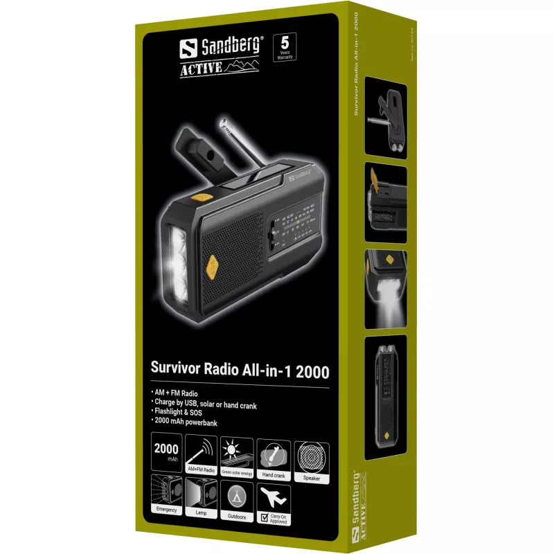 Sandberg Survivor Radio All-in-1 2000, portátil, AM, FM, 87–180 MHz, 520–1710 kHz, 3 W, analógico