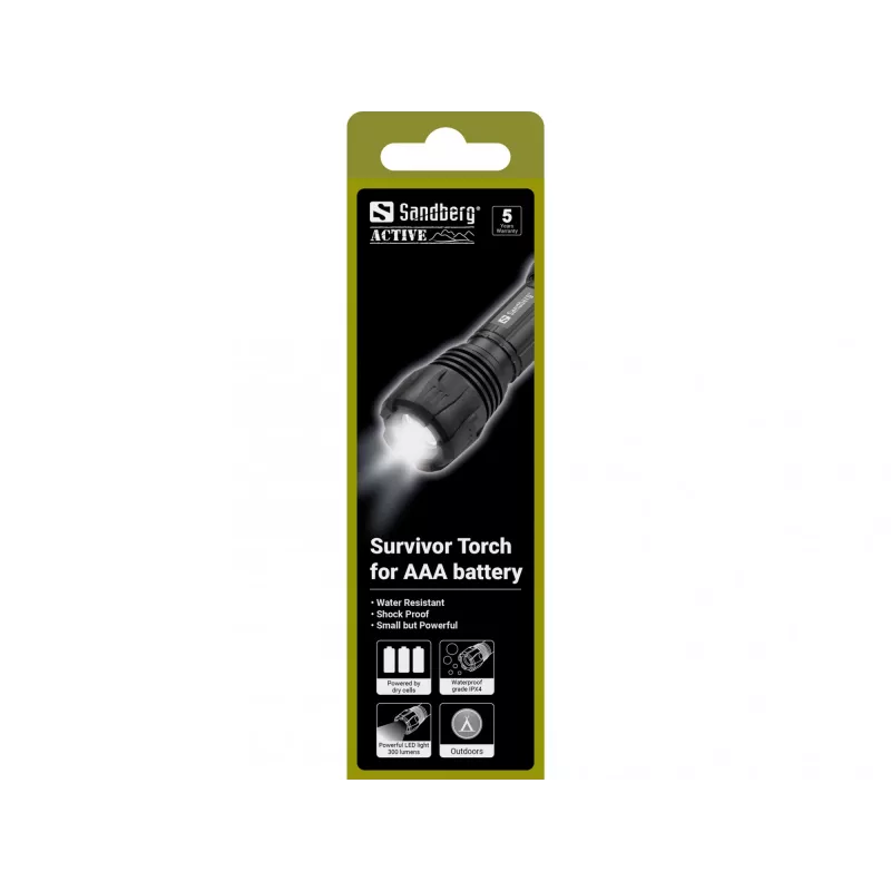 Sandberg Survivor Torch para pilha AAA, lanterna de mão, preto, alumínio, LED, 3 W, 150 lm