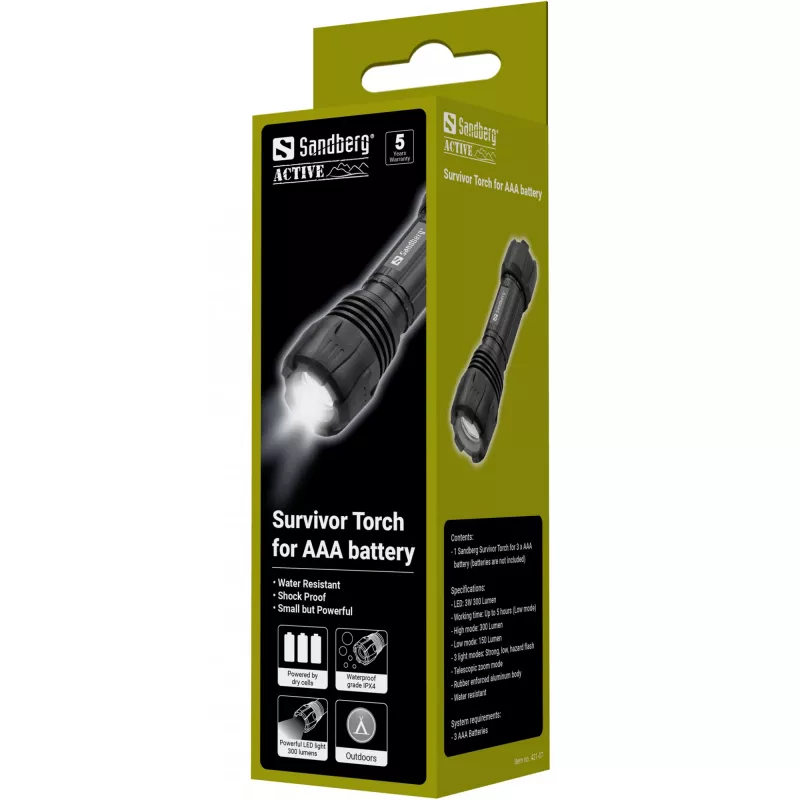 Sandberg Survivor Torch para pilha AAA, lanterna de mão, preto, alumínio, LED, 3 W, 150 lm