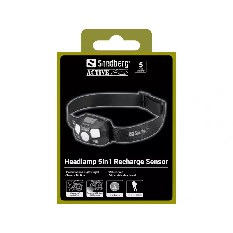 Lanterna de cabeça Sandberg 5in1 Recharge Sensor LED 200 lm preto