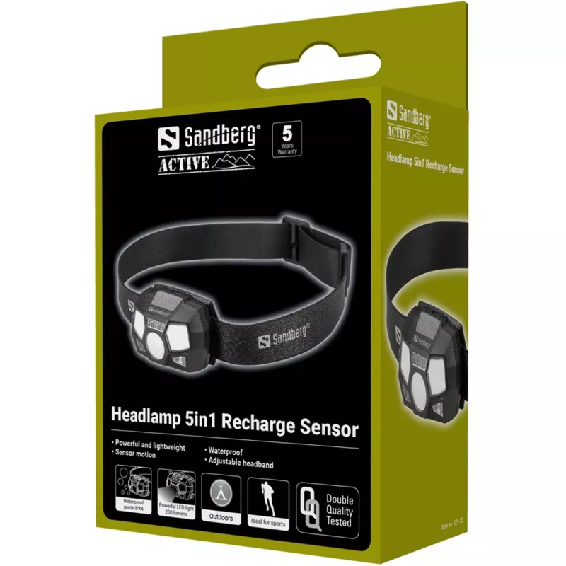 Lanterna de cabeça Sandberg 5in1 Recharge Sensor LED 200 lm preto