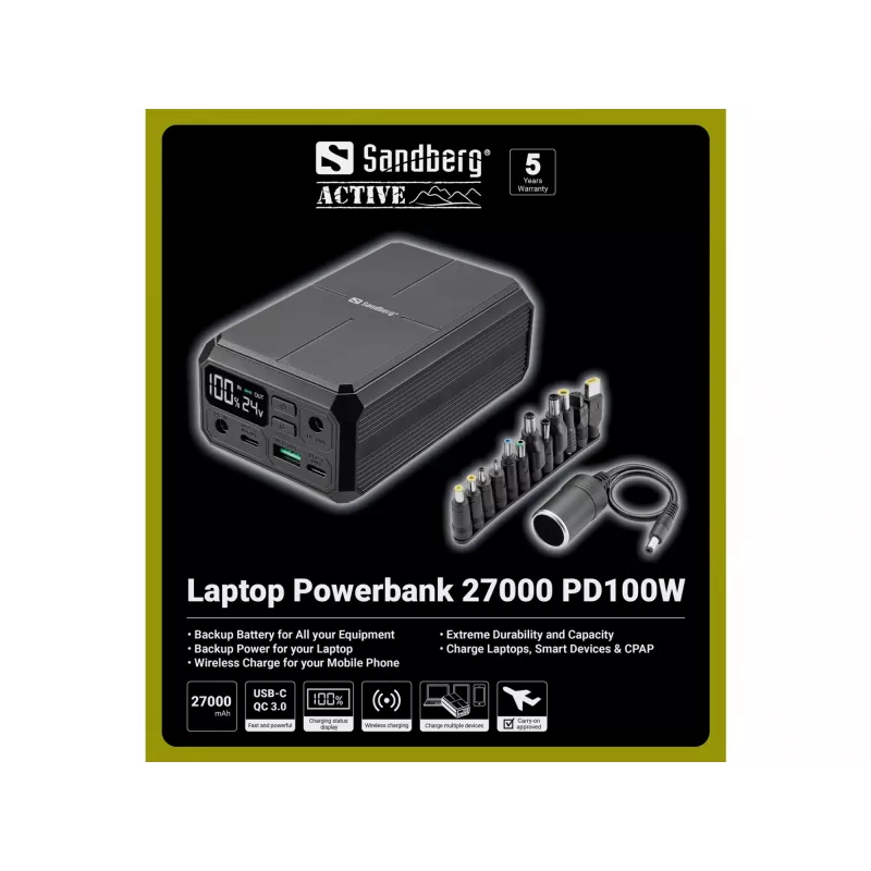 Powerbank portátil Sandberg Laptop Powerbank 27000 PD100W, 27000 mAh