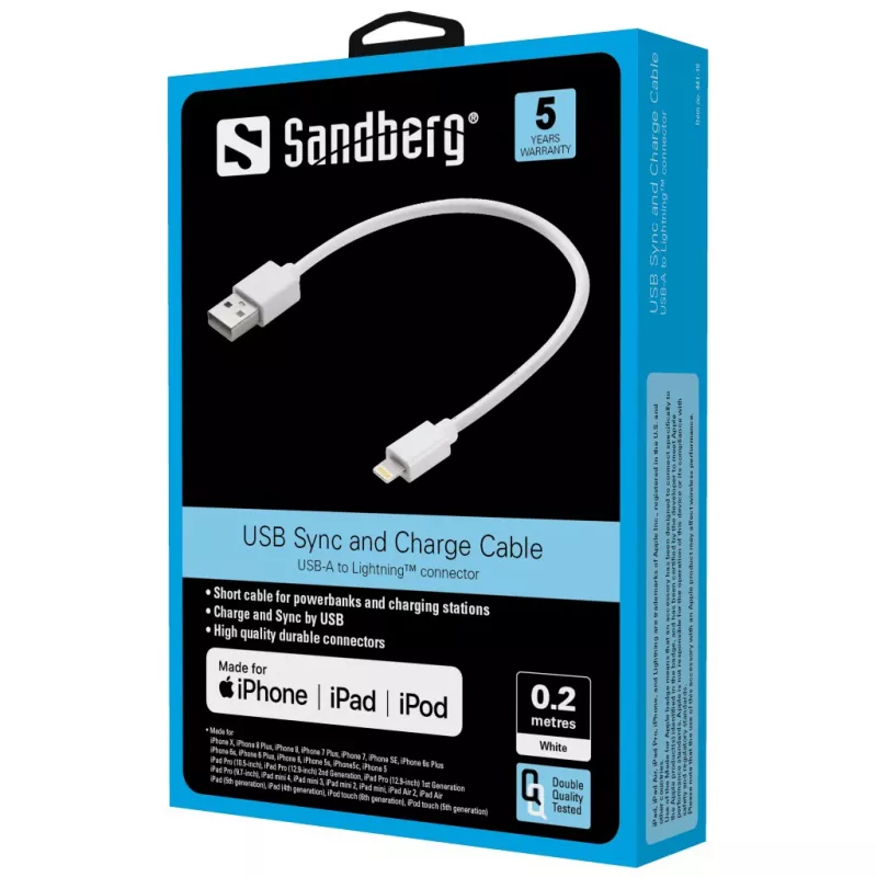 Cabo Sandberg USB Lightning MFI 0,2 m branco