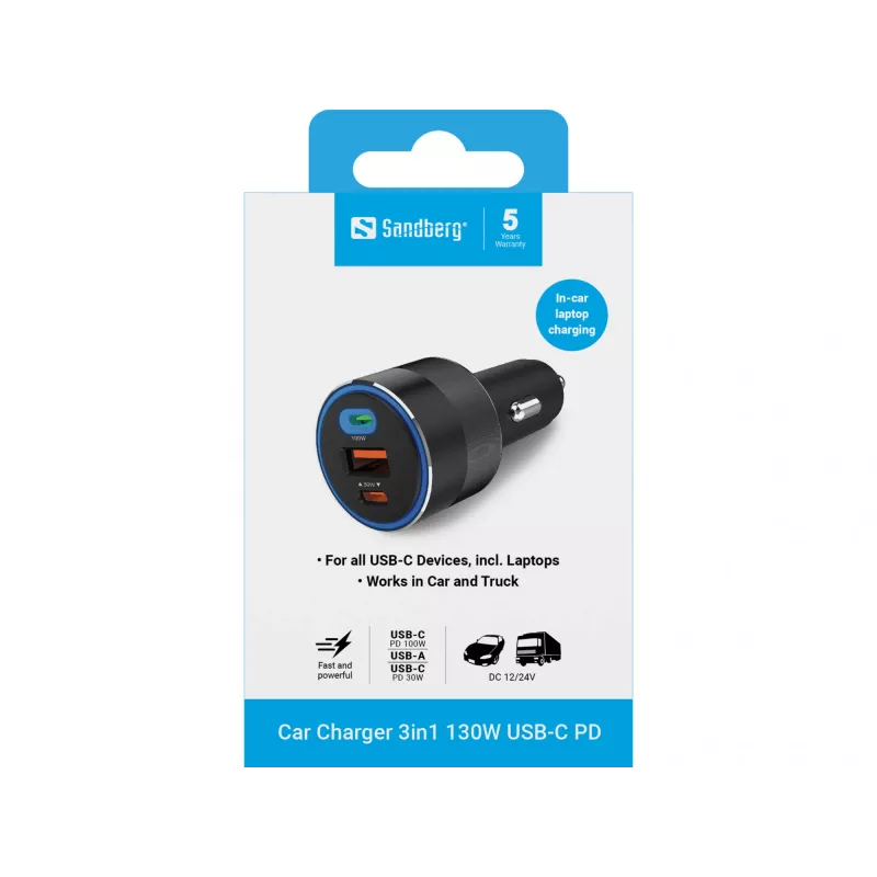 Carregador de automóvel Sandberg 3in1 130W USB-C PD carregador rápido universal